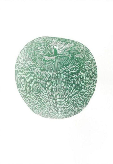 Linoleumstryk af Monika Petersen · Grønt æble på hvid baggrund • 50x70cm · Niedziella & Friends