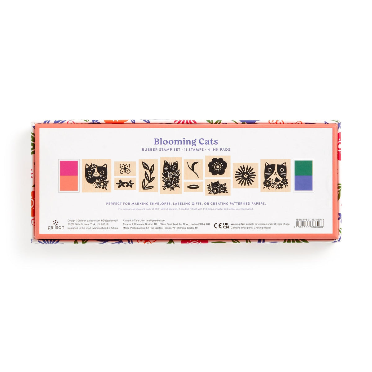 Fin æske med katte og blomster-stempler ·  11 stempler og 4 stempelfarver · Niedziella & Friends
