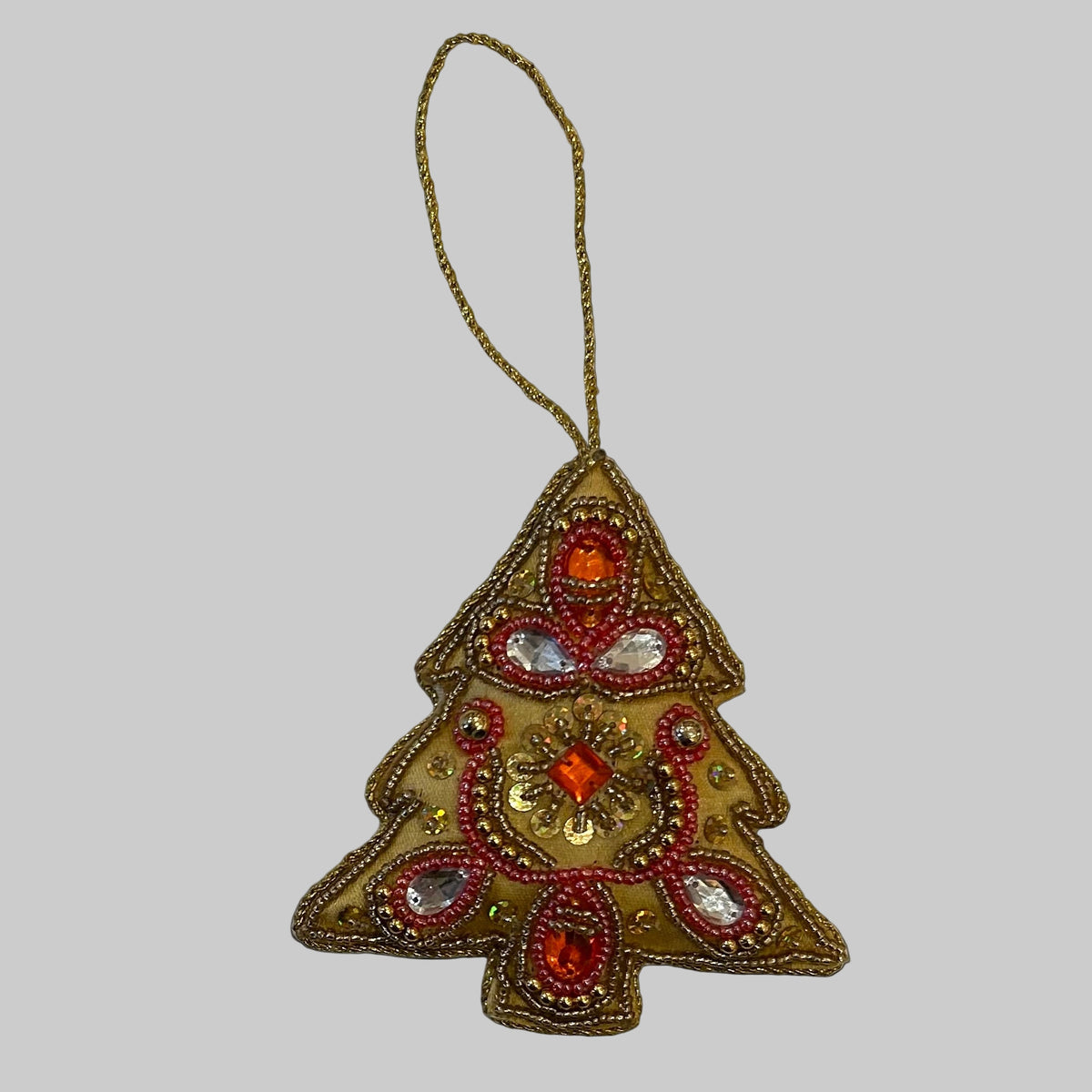 Håndbroderet juletræ med guldtråd, glasperler, palietter · Niedziella & Friends