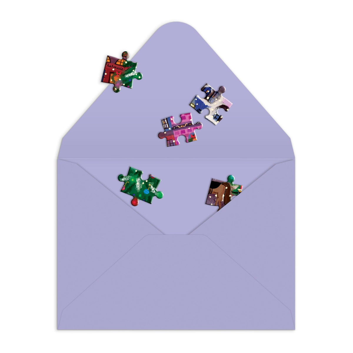 Korthilsen formet som et puslespil med illustration af julestemning på byen torv · Sjov hilsen til familie og venner · Niedziella & Friends