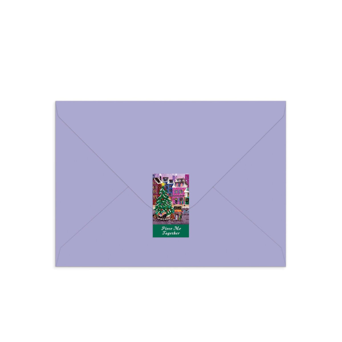 Korthilsen formet som et puslespil med illustration af julestemning på byen torv · Sjov hilsen til familie og venner · Niedziella & Friends