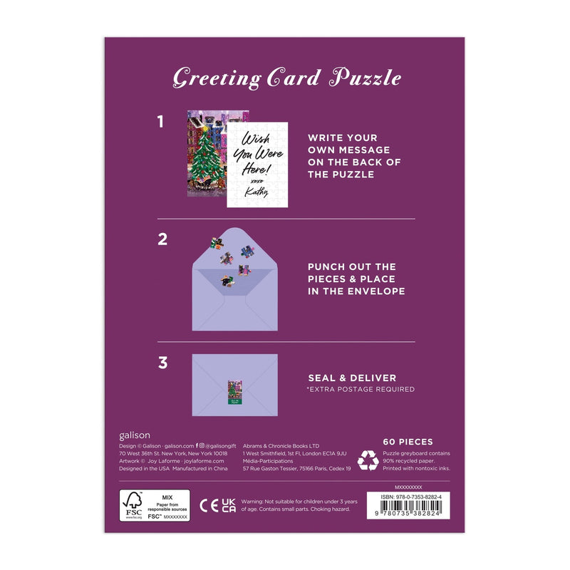 Korthilsen formet som et puslespil med illustration af julestemning på byen torv · Sjov hilsen til familie og venner · Niedziella & Friends